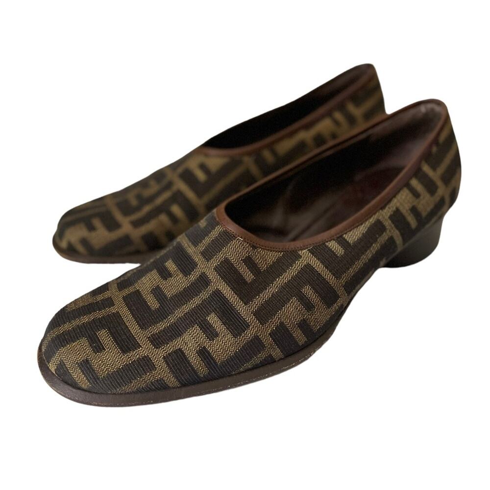 Fendi Brown FF Canvas Leather Slip On Block Heel Shoes Size 7.5